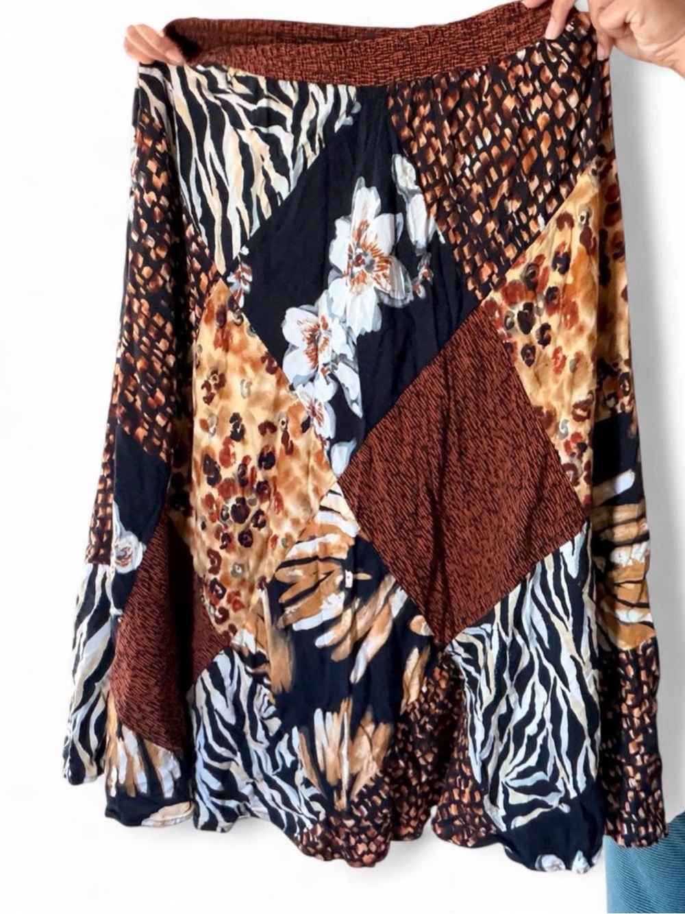 Carole Little Patchwork Animal & Floral Print Top in Brown Black Cream